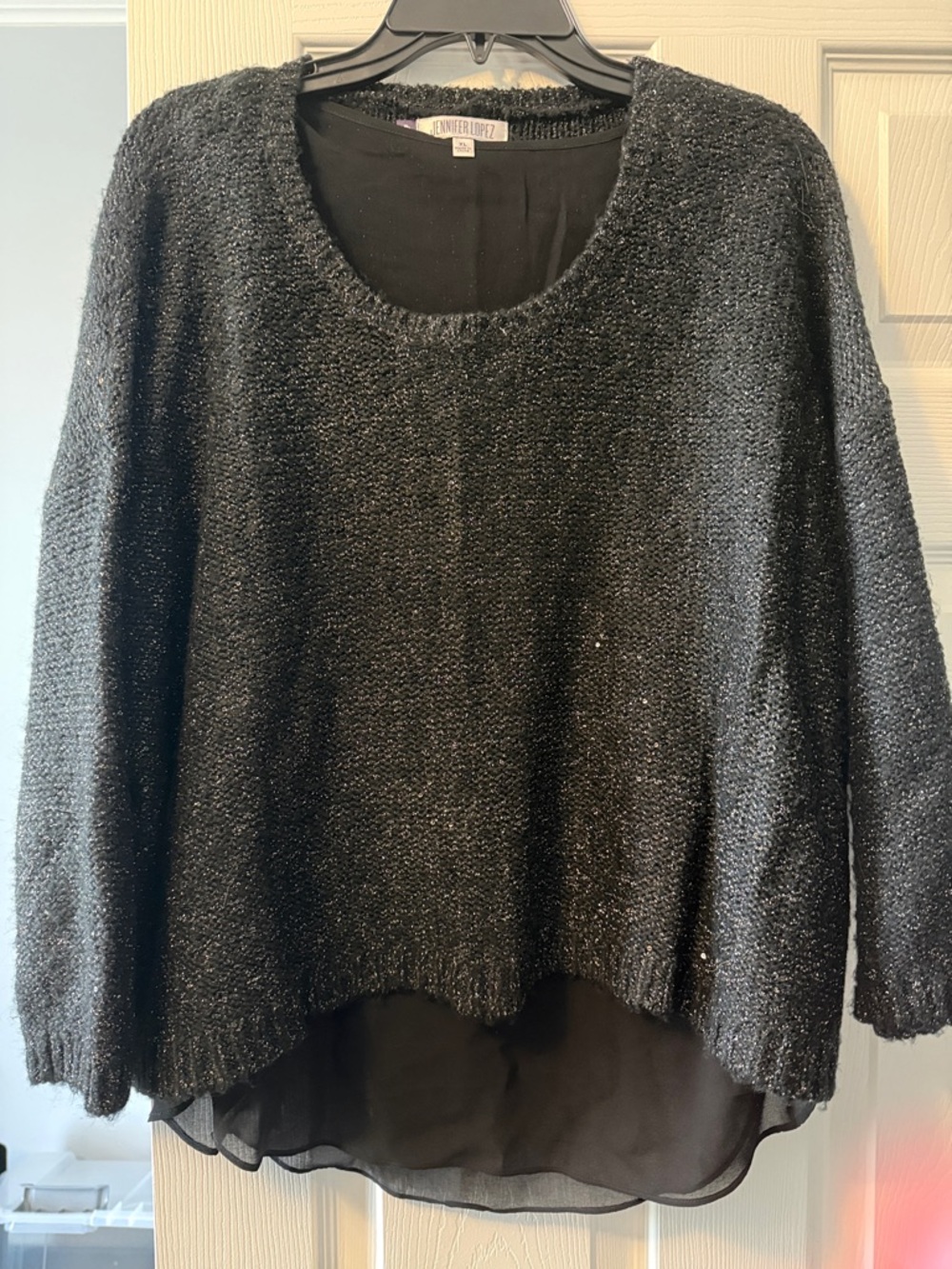 Jennifer Lopez Black Shimmer Scoop-Neck Knit Sweater with Chiffon Hem